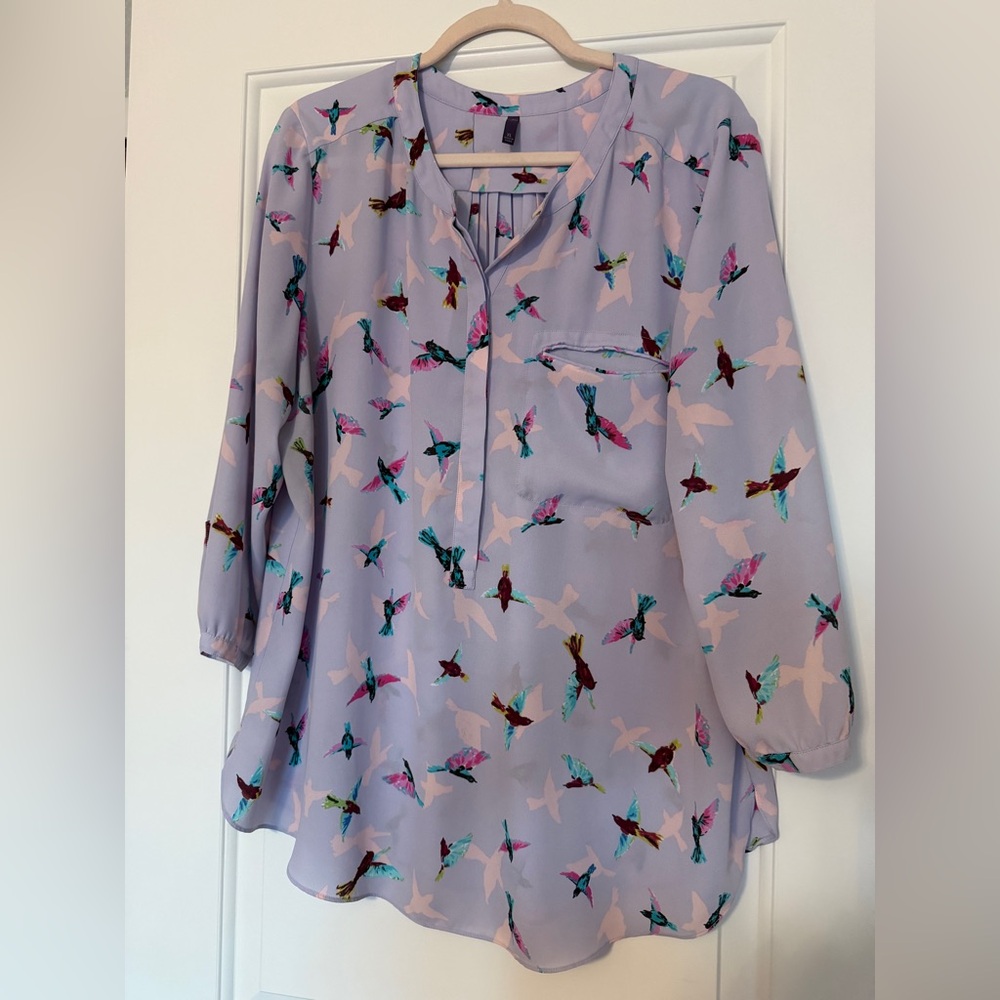 NYDJ Lavender Bird Print Blouse Sz XL